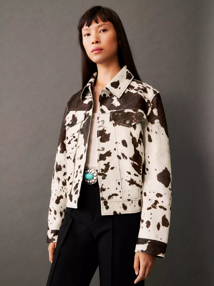 EMMA/ Cow Print Faux Fur Shirt Jacket