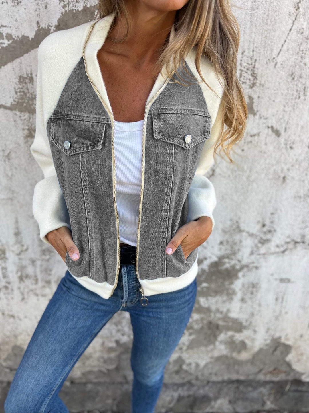 Blondie-Casual V-neck Zipper Jacket