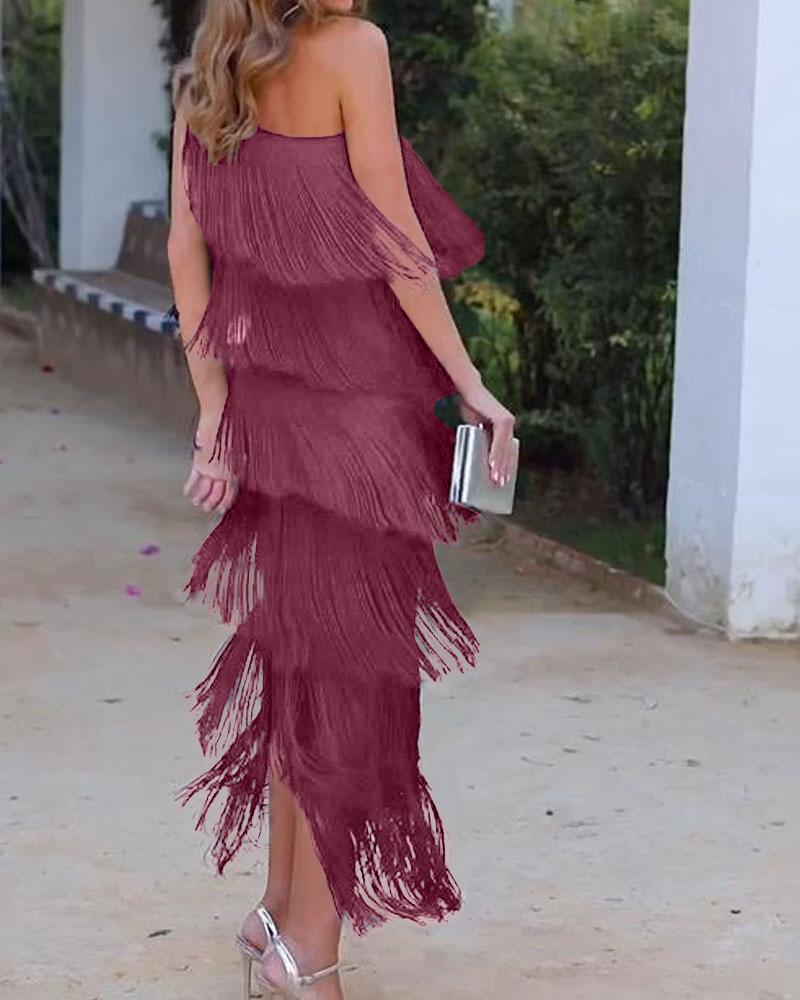 Maya-Off Shoulder elegant fringe dress