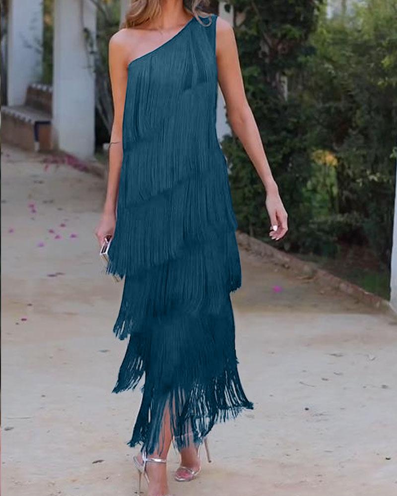 Maya-Off Shoulder elegant fringe dress