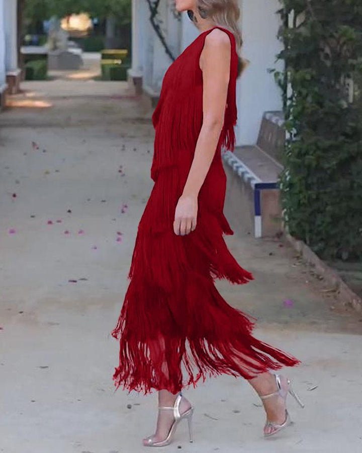 Maya-Off Shoulder elegant fringe dress