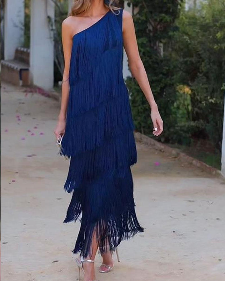 Maya-Off Shoulder elegant fringe dress