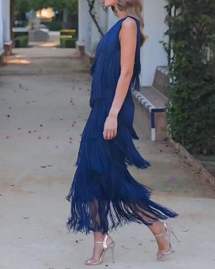 Maya-Off Shoulder elegant fringe dress